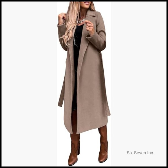 Jackets & Blazers - Long Wool Pea Coat with Notched Collar and Belt, Woolen Blend Trench